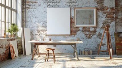Empty artist studio interior with a desk, easel and blank canvases in an industrial setting.