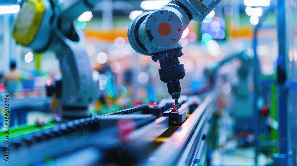 Poster automated robotic arm working on production line, showcasing advanced technology in manufacturing. s