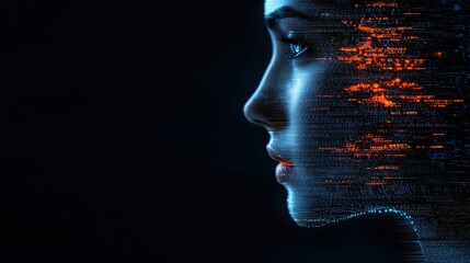 A woman's face is shown in a computer generated image with a blue eye and orange lines. The image is a representation of a digital face, and the blue eye and orange lines give it a futuristic