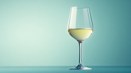 Fototapeta premium A glass of white wine on a smooth blue pastel background, highlighting the delicate curves of the glass.