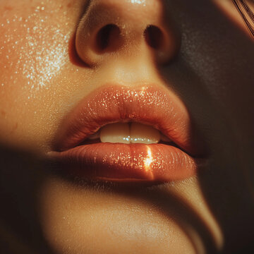 close up macro shot of a woman model's defined pretty bright lips in the sunlight during golden hour