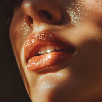 close up macro shot of a woman model's defined pretty bright lips in the sunlight during golden hour