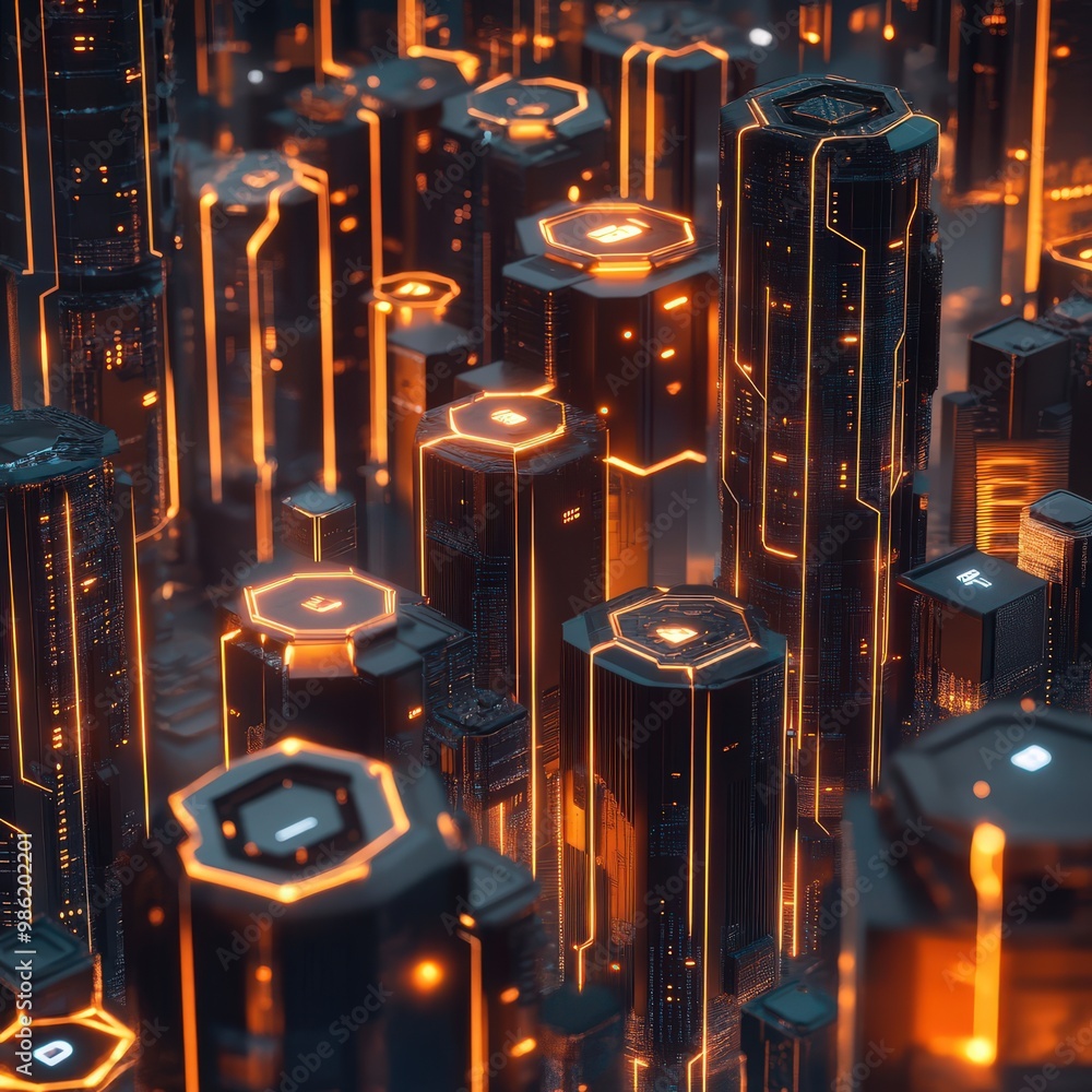 Poster ai-driven code deployment visualized as a digital cityscape, servers and pipelines glowing like glow