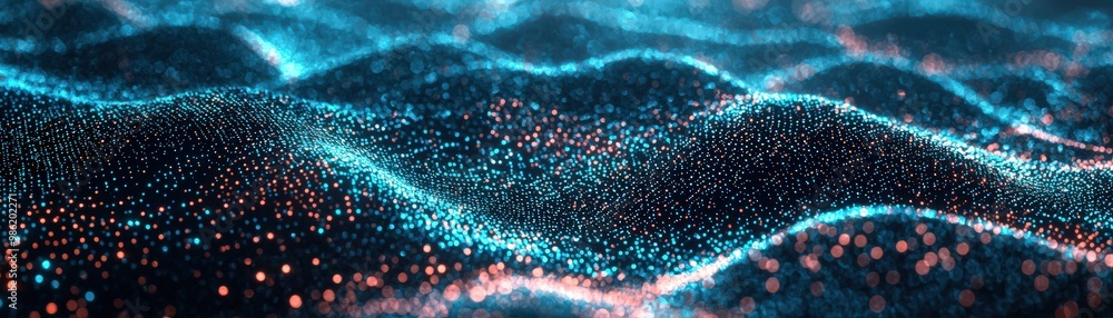 Aufkleber data streams flowing, a mesmerizing visualization of glowing particles creating wave-like patterns i