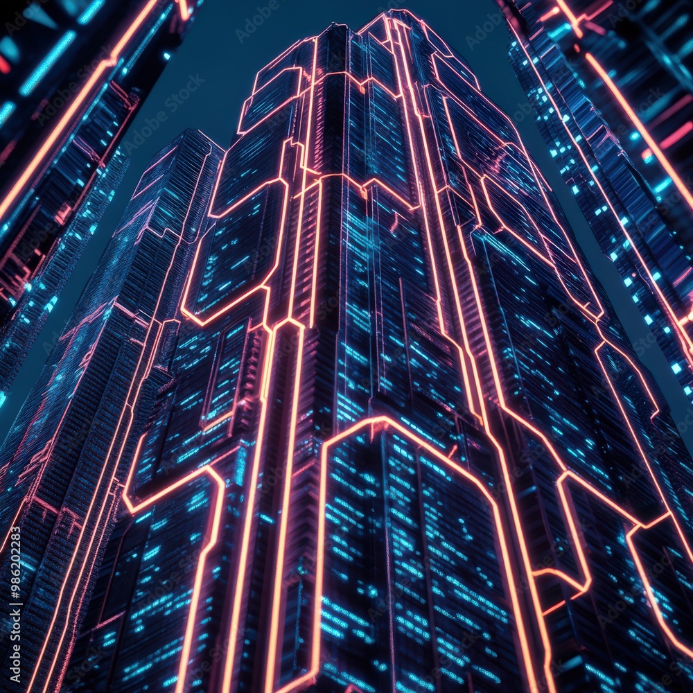 Poster ai-driven code deployment visualized as a digital cityscape, servers and pipelines like towering sky