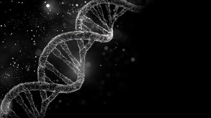 A close up of a DNA strand with a black background. The image is abstract and has a moody atmosphere