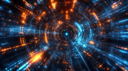 Digital technology background with blue and orange lights, glowing digital data streams in the center of abstract futuristic space tunnel or dark corridor with light particles and