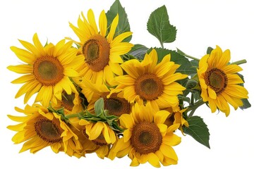 A cluster of bright yellow sunflowers, their faces turned towards an unseen sun, set against a clear blue sky background to emphasize their sunny disposition. isolated on white background. 