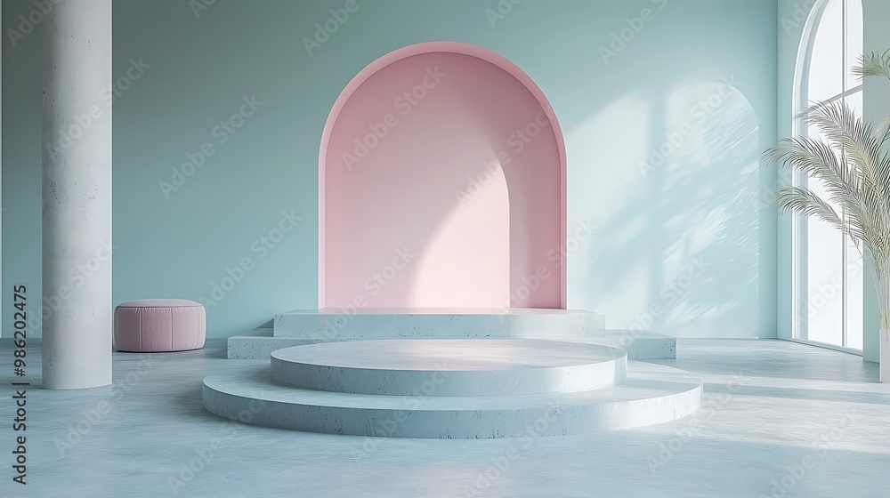 Poster a minimalist product display platform with an arch, illuminated by soft sunlight for a refined showc