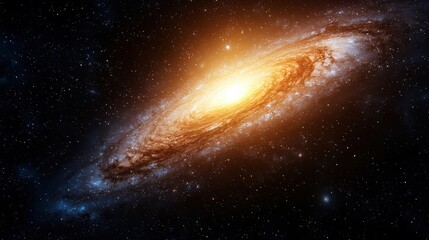 Fototapeta premium A spiral galaxy with a bright yellow sun in the center. The galaxy is filled with stars and is surrounded by a dark sky