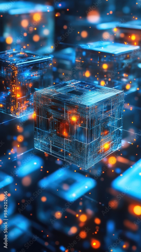 Poster hyper-detailed blockchain, a vibrant array of glowing cubes floats in a digital space, illuminated b