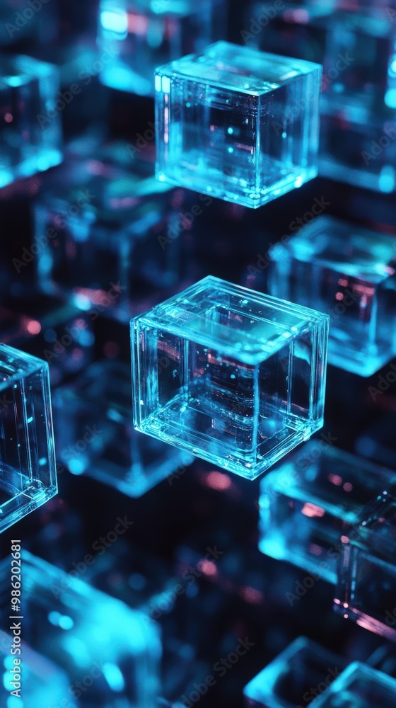 Poster hyper-detailed blockchain, a close-up view of luminous, transparent cubes floating in a dark backgro