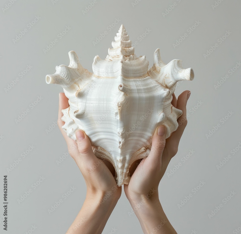 Poster a pair of hands holding a large seashell against a soft, neutral background the shell has intricate 