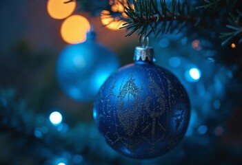 Macro of Blue Festive Christmas Ornament in Evening Glow
