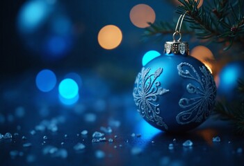 Macro of Blue Festive Christmas Ornament in Evening Glow