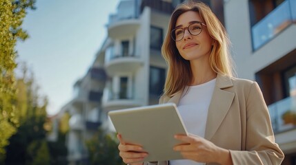 Friendly female real estate agent with tablet visiting apartment for sale or rent