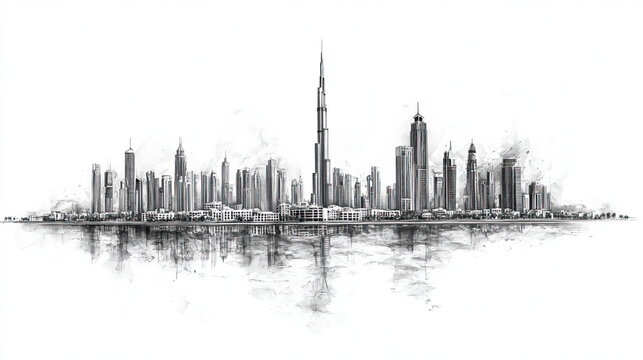 Dubai, UAE, black and white pen pencil hand-drawn effect drawing illustration for travel poster, card, wallpaper, backdrop or banner. Modern, clear, artistic and simple