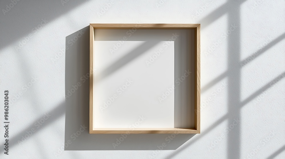 Poster an empty wooden frame hangs on a white wall, illuminated by soft light and subtle shadows.