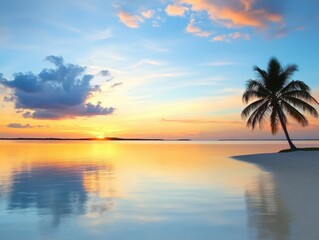A solitary tree silhouetted against a vibrant sunset in a serene desert landscape