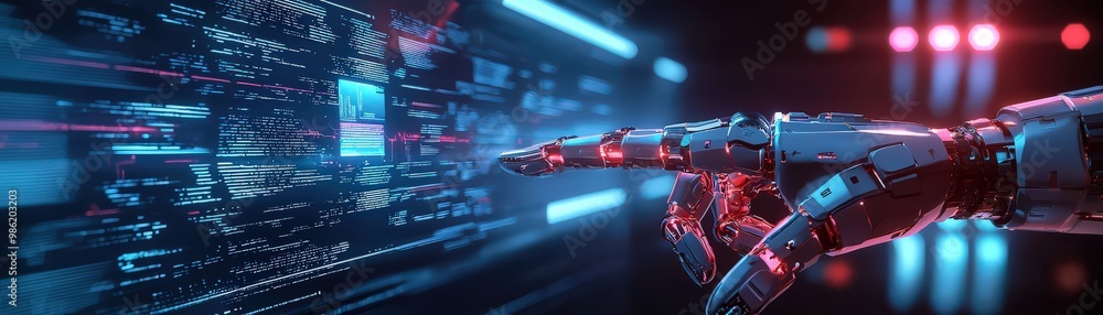 Poster ai robotic arm deploying code, a futuristic robotic hand reaches towards a digital interface, symbol