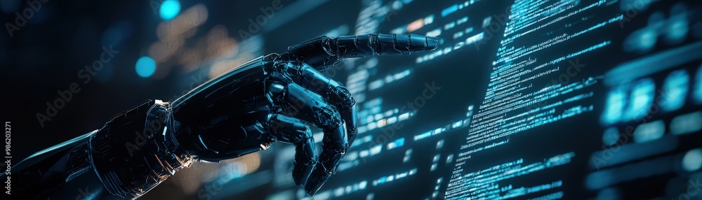 Poster ai robotic arm deploying code, a futuristic robotic hand interacts with a glowing digital interface,
