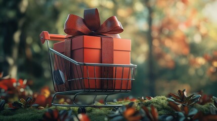 gift box with ribbon, shopping cart, black friday cyber monday