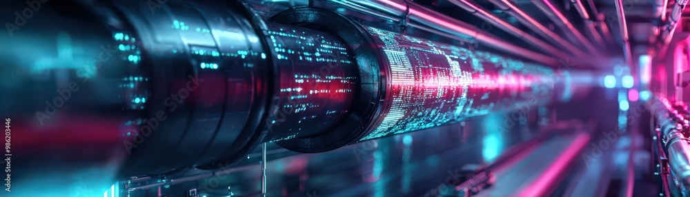 Poster devops pipeline, a futuristic scene featuring illuminated pipes with glowing lines, conveying a sens