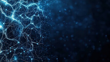 A dark blue background with a vibrant blue color scheme. The main focus of the image is a series of blue lines and dots that are scattered throughout the scene