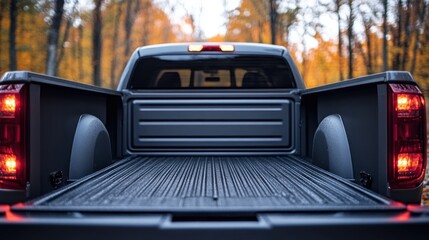 Back of a truck bed in a fall forest.