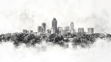 Fototapeta premium Durham, Carolina, black and white pen pencil hand-drawn effect drawing illustration for travel poster, card, wallpaper, backdrop or banner. Modern, clear, artistic and simple