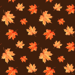 Autumn maple leaves seamless pattern. Fall foliage botanical background for pattern fills. Hand drawn watercolor illustration. Thanksgiving background. Template for wallpaper, website, card, fabric.