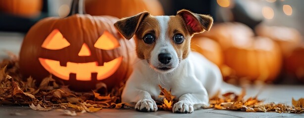 A playful dog poses among autumn leaves and carved pumpkins, embodying the spirit of Halloween in a warm, festive atmosphere.