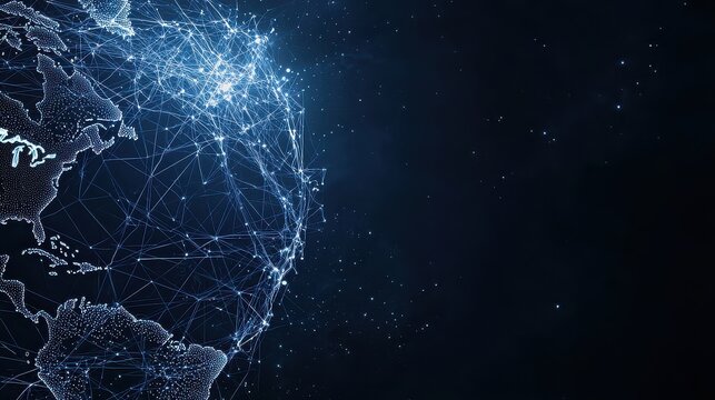 A blue globe with a network of lines surrounding it. The globe is surrounded by a dark blue background