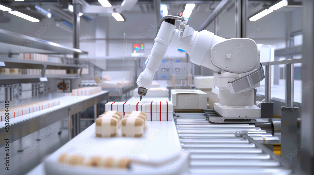 Poster automated robotic arm packaging products in modern factory setting, showcasing advanced technology a