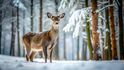 Fototapeta premium Deer standing gracefully in a snow-covered forest, Deer, wildlife, nature, forest, winter, snow, cold, peaceful, serene