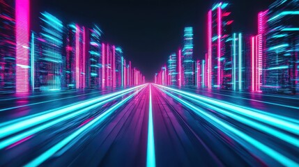 Fototapeta premium A cityscape with neon lights and buildings in the background. The city appears to be futuristic and vibrant