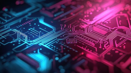 A computer chip with blue and pink colors. The image is of a computer chip with a blue and pink color scheme