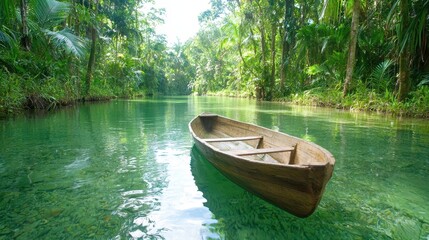 Obraz premium Serene River Scene with Canoe in Tropical Landscape