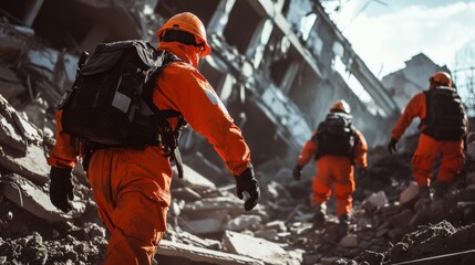 Three rescue workers in orange suits and hard hats walking through rubble.