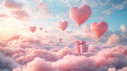 Fototapeta premium whimsical valentines scene heartshaped balloons and gift boxes floating in cotton candy pink sky conveying love and celebration for mothers day