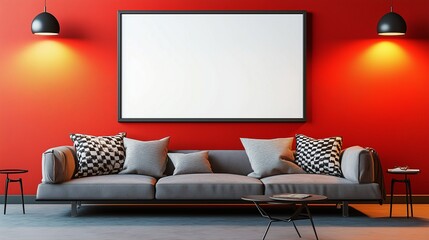 A contemporary blank wall frame mounted on a vibrant red wall, illuminated by modern downlighting, creating an elegant and balanced look in the living space.