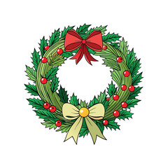 Christmas wreath with red berries and green leaves Vector art illustration isolated on a white background