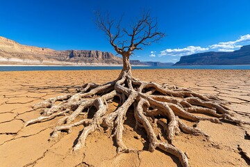 Fototapeta premium A close-up of a barren treeâ€™s roots, exposed and twisted, showing the harshness of its environment