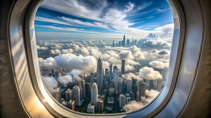 View from airplane window showing cityscape with skyscrapers and clouds , travel, aerial view, aviation, landscape