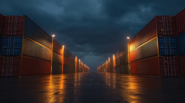 Fototapeta A long row of shipping containers are lit up at night. The scene is dark and moody, with the containers casting shadows on the ground. The lighting creates a sense of mystery and intrigue