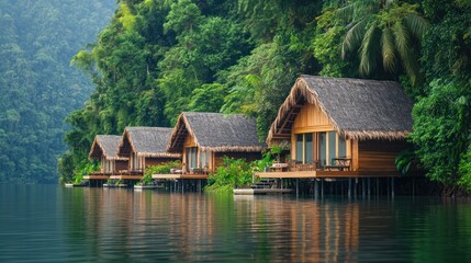 Obraz premium Tropical wooden cabins on stilts over calm water with lush greenery in the background.