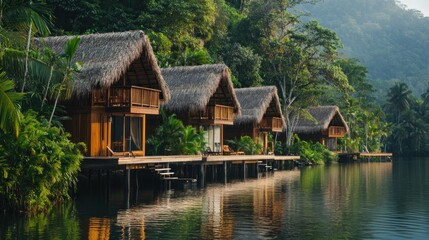 Obraz premium Tropical wooden bungalows with thatched roofs on stilts over a calm lake.