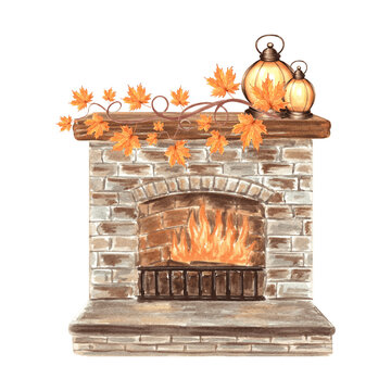 watercolor fireplace with autumn leaves and lanterns clip art preview