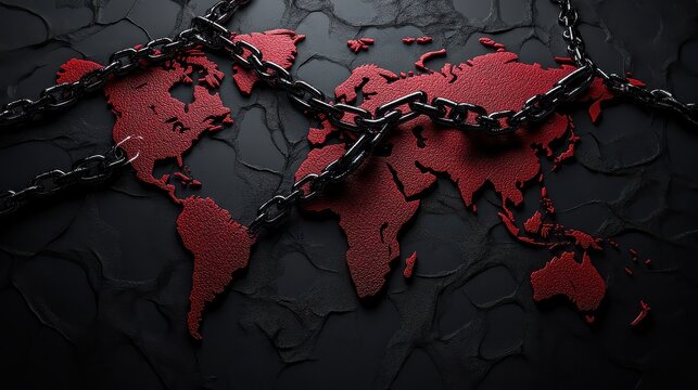 A red chain is wrapped around a globe, symbolizing the world being held captive. Concept of oppression and control, as if the world is being held back from its natural state