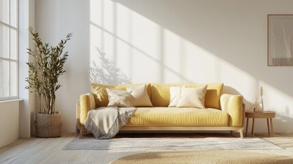 Cozy living room interior with a yellow sofa, wooden floor, and a plant in a basket.